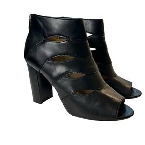 Adrienne Vittadini Ankle Boots Open Toe Black Leather Gella 4" Heel Size 9.5